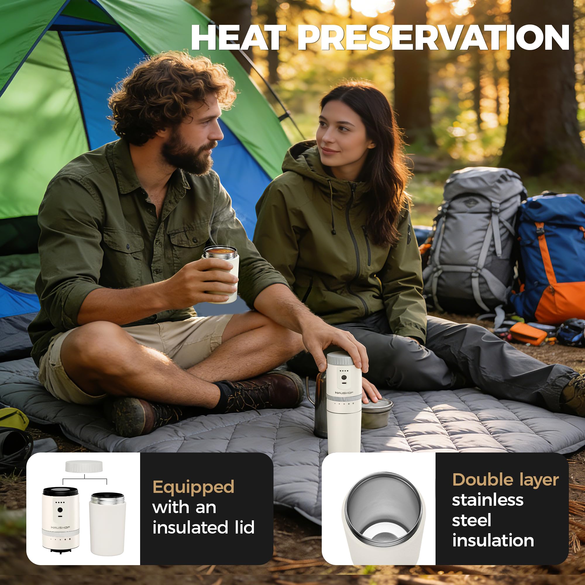 HAUSHOF Portable Coffee Grinder, Camping Coffee Makers, Portable Burr Coffee Grinder and Brewing Kit, Rechargeable, Personal Cordless Coffee Maker for Car, Camping, for Home Use