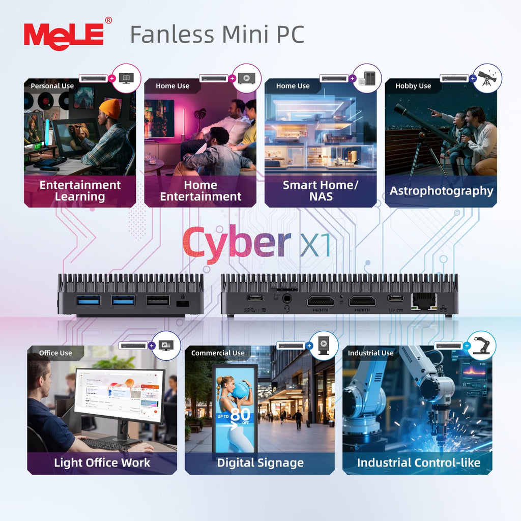MeLE Cyber X1 Fanless Mini PC N150 8GB DDR4 RAM 256GB SSD Windows 11 Pro,Small Desktop Computer,Dual HDMI 4K Triple Display,USB 3.2×3,USB-C,WiFi 5 BT5.1,Micro Industrial Business PC