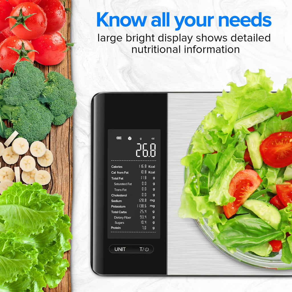 MrOwner Smart Food Kitchen Scale with Nutritional Calculator, Free App with 19 Nutrients Tracking, Calorie, Marco, Digital Weight Grams and Ounces for Weight Loss, Premium Stainless Steel, 22lb