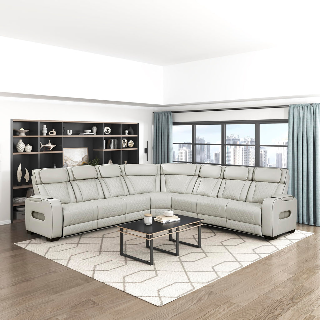 Lexicon 128" Power Reclining Sectional Sofa, Wall Hugger, 2 Recliner Seats, 2 Storage Arms, Drop-Down Cup Holders, Power Headrests, Wireless Charger, Charging Ports, LED Lighting, Faux Leather Taupe