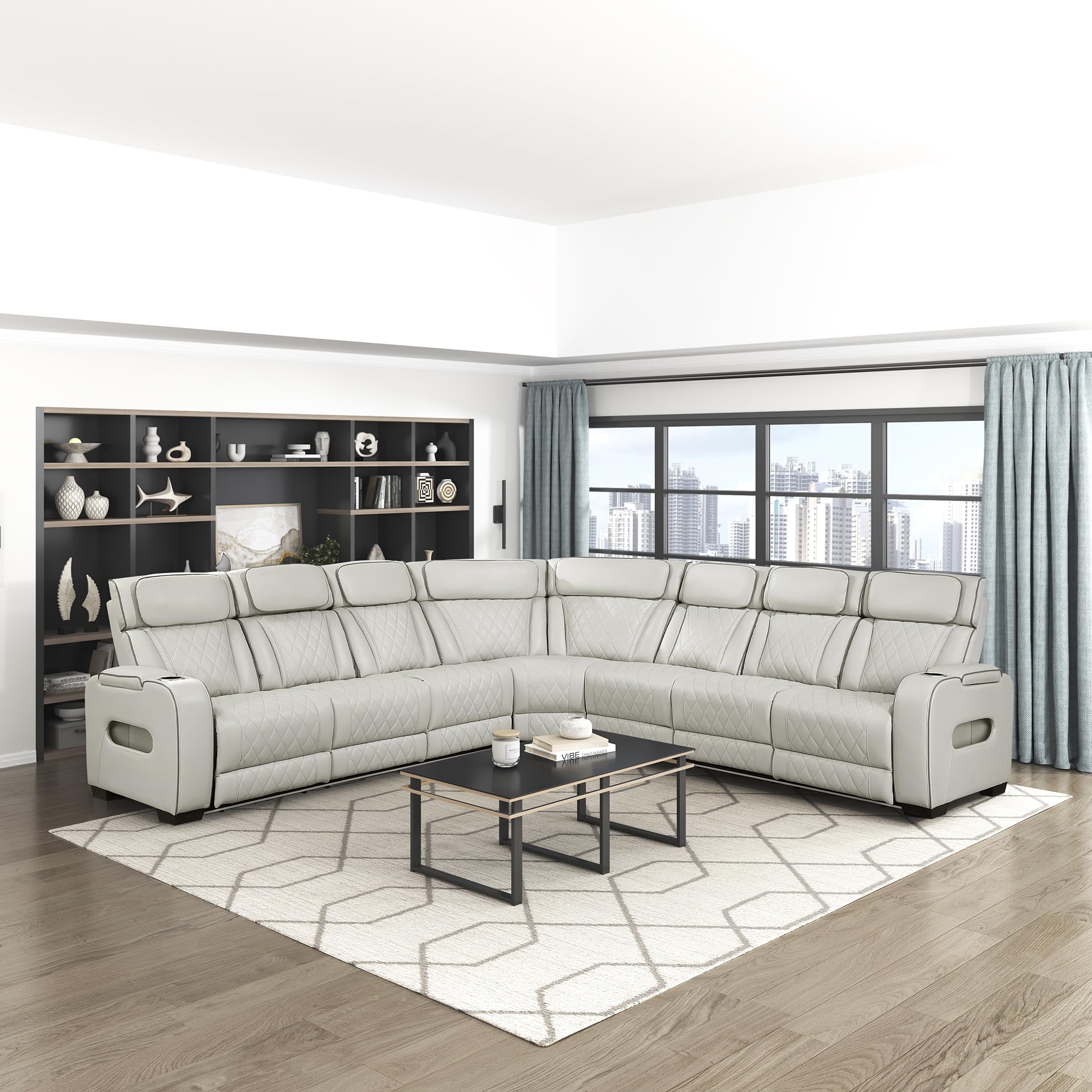 Lexicon 128" Power Reclining Sectional Sofa, Wall Hugger, 2 Recliner Seats, 2 Storage Arms, Drop-Down Cup Holders, Power Headrests, Wireless Charger, Charging Ports, LED Lighting, Faux Leather Taupe