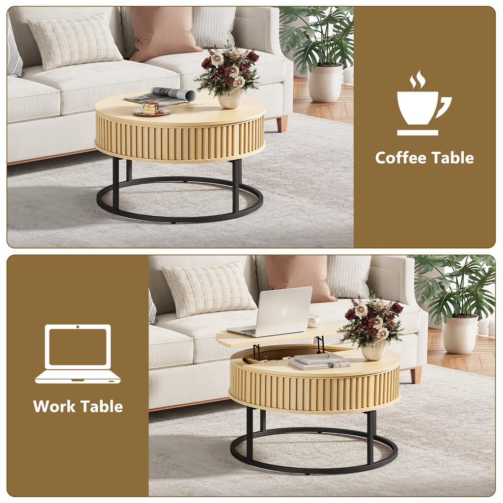 Curlaky Round Coffee Table with Lift Top - Fluted Wood Center Coffee Tables for Living Room, Lifting Up for Dining, Large Hidden Circle Storage Compartment for Small Spaces, Mid Century Modern