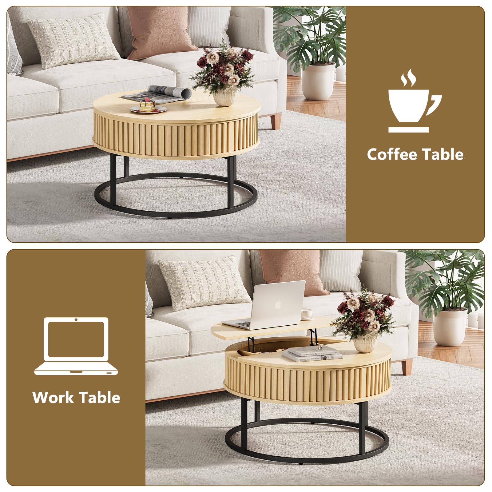 Curlaky Round Coffee Table with Lift Top - Fluted Wood Center Coffee Tables for Living Room, Lifting Up for Dining, Large Hidden Circle Storage Compartment for Small Spaces, Mid Century Modern
