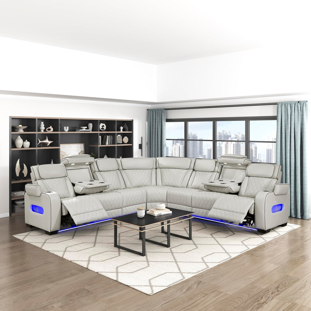 Lexicon 128" Power Reclining Sectional Sofa, Wall Hugger, 2 Recliner Seats, 2 Storage Arms, Drop-Down Cup Holders, Power Headrests, Wireless Charger, Charging Ports, LED Lighting, Faux Leather Taupe