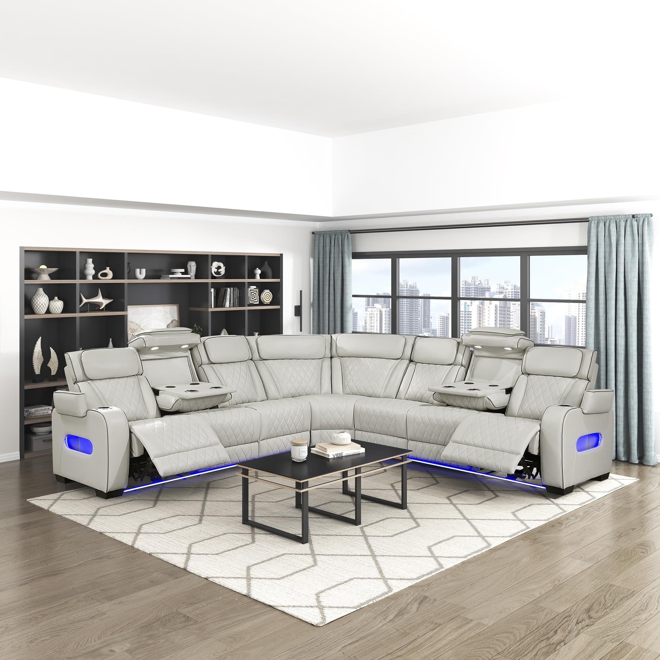 Lexicon 128" Power Reclining Sectional Sofa, Wall Hugger, 2 Recliner Seats, 2 Storage Arms, Drop-Down Cup Holders, Power Headrests, Wireless Charger, Charging Ports, LED Lighting, Faux Leather Taupe