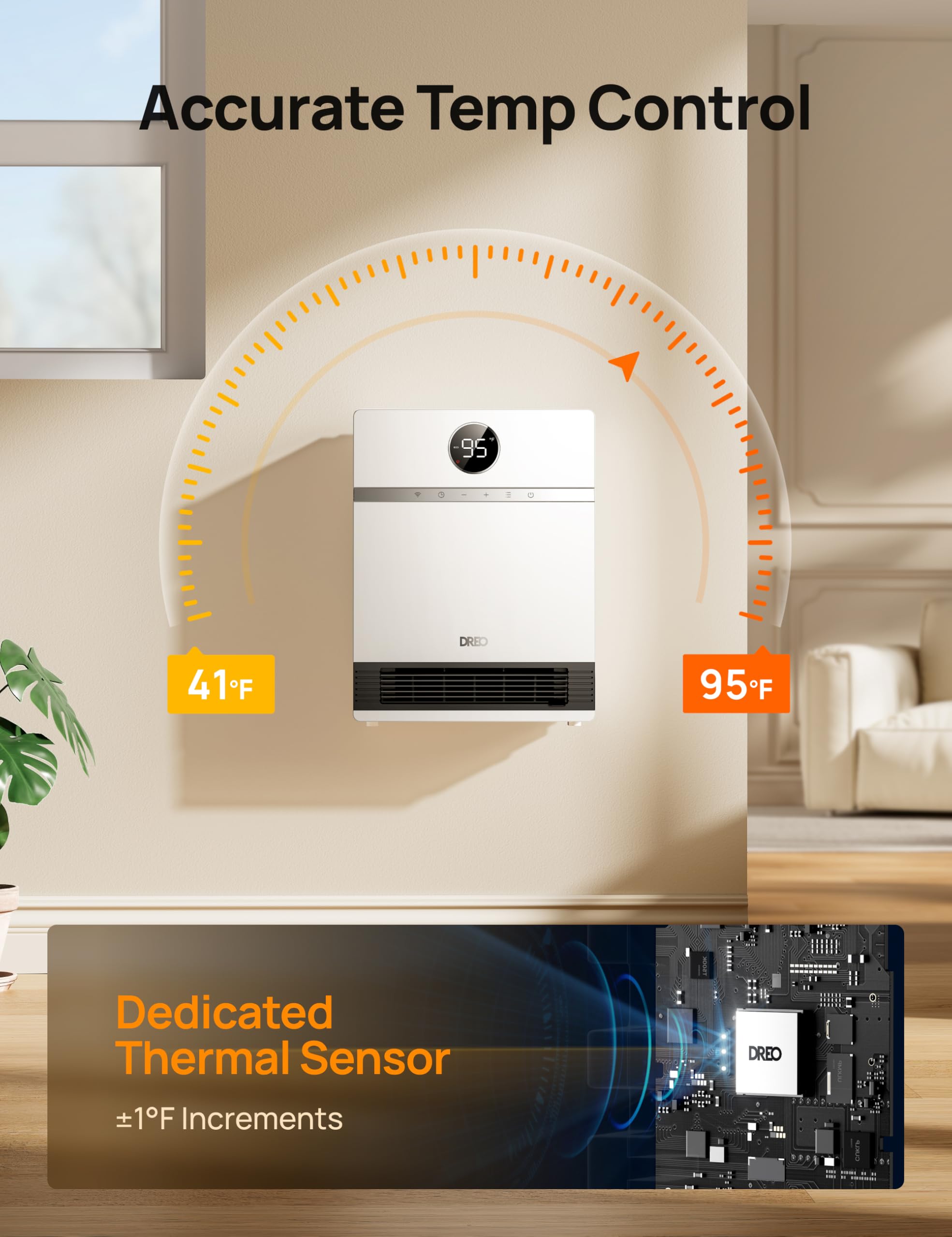 DREO Smart Wall Heater, IP24 Easy-mounted PTC Space Heater for Indoor Use, 30° Oscillation, Adjustable Thermostat, Remote Control, Works with Alexa, 24H Timer, Electric Heater for Bedroom, Office