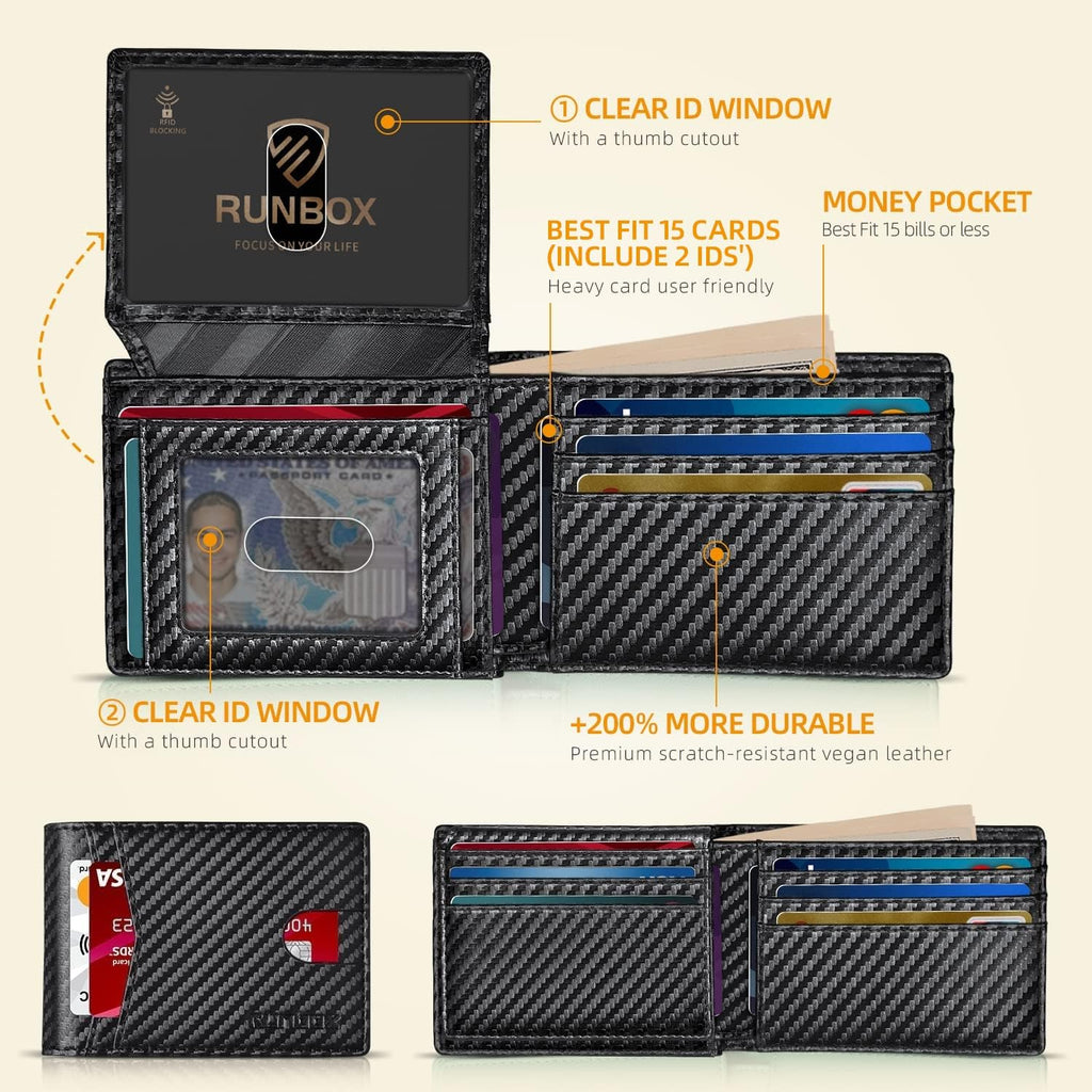 RUNBOX Wallet for Men -Slim RFID Leather Mens Bifold Wallets 2 ID Window With Gift Box Men's Accessories
