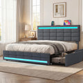 ADORNEVE Queen Bed Frame with 4 Storage Drawers, Upholstered Headboard with Charging Station & LED Lights, Metal and Wood Platform Bed, No Box Spring Needed, Easy Assembly, Dark Grey