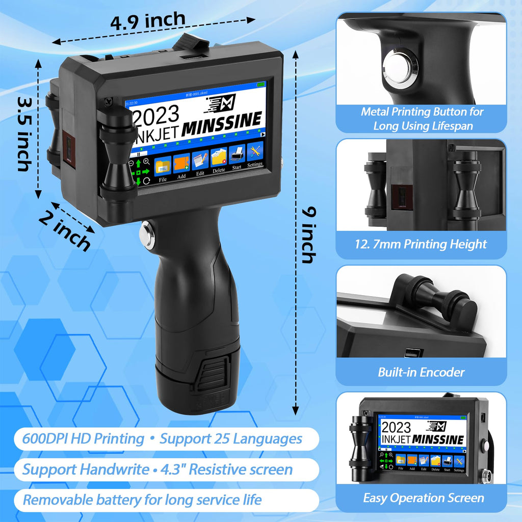Minssine Handheld Inkjet Printer Gun MS-Z10 with 42ml Quick-Drying Ink Cartridge Portable Handheld Printer for Text/Barcode/Logo/QRCode/Counter/Batch Number/Date Coder(Printing Height: 0.08-0.5Inch)