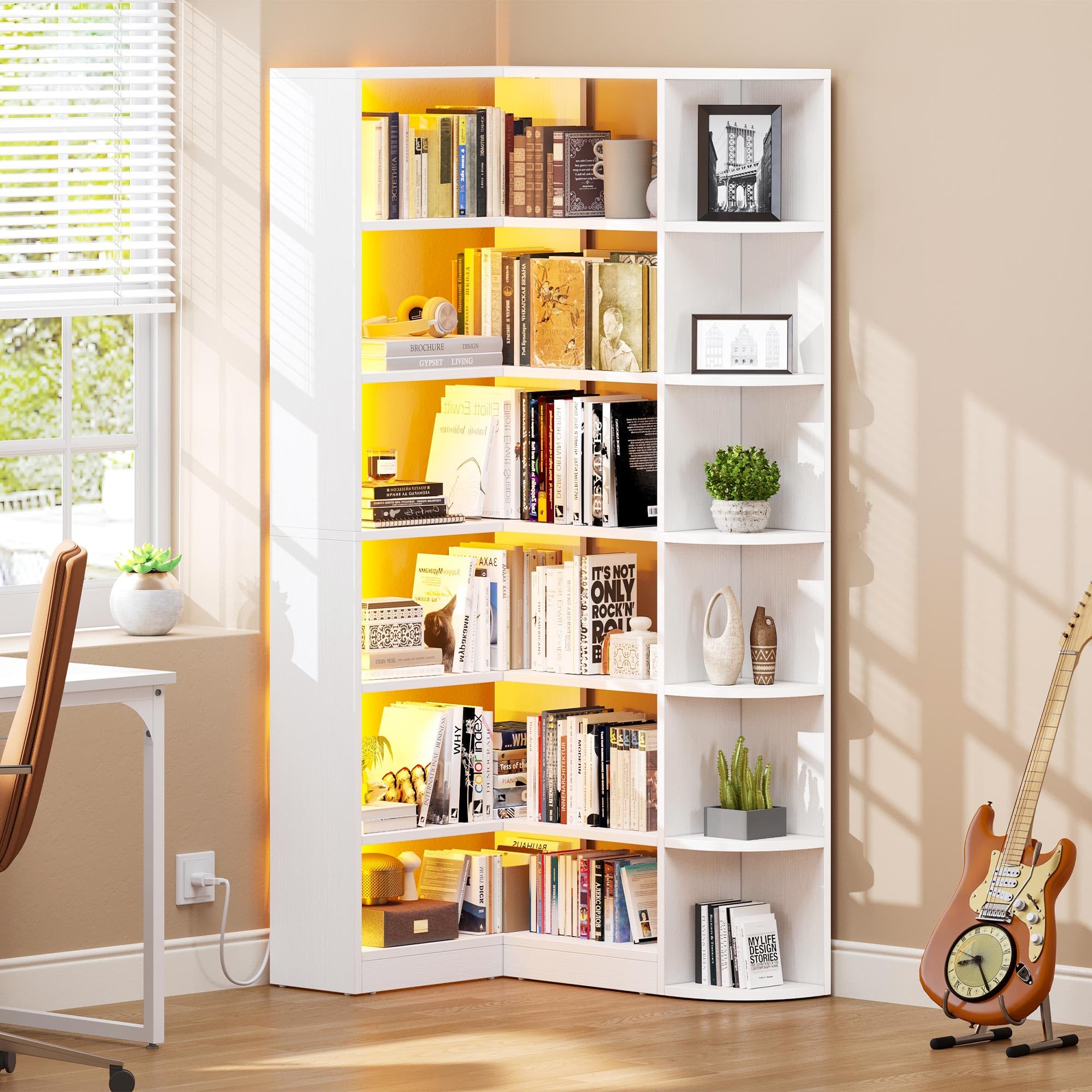 YITAHOME Corner Bookshelf with LED Light, 6 Tier Corner Shelf White Bookshelf L-Shaped Bookcase Storage Display Shelf for Home Office, Living Room, White