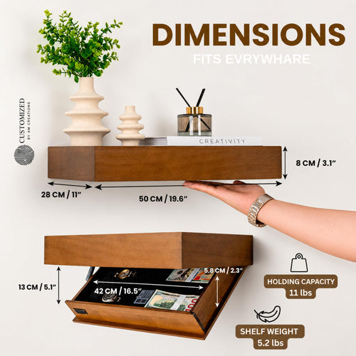 Concealment Shelf with RFID Lock - Concealed Gun Floating Shelf with Hidden Storage Compartment, Wooden Shelves for Wall Mount Display with Secret Drawer, Weapon Hiding Furniture Safe by AM Creations