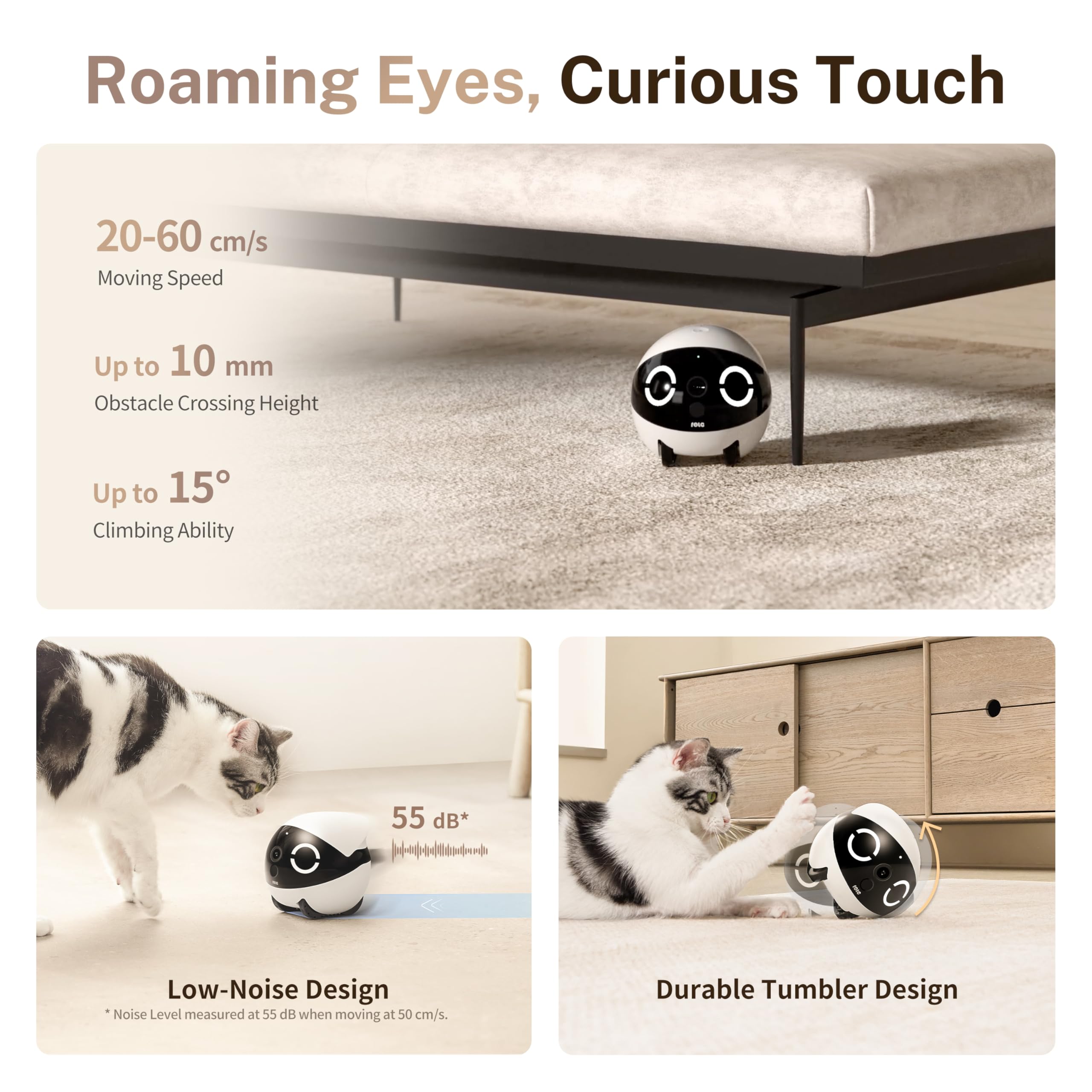 Enabot EBO ROLA Mini FamilyBot 2K Pet Camera Robot: Movable Indoor Camera Battery-Powered with Phone App, One-Touch Call, 2-Way Talk, Night Vision, Motion Detection, Video Recording