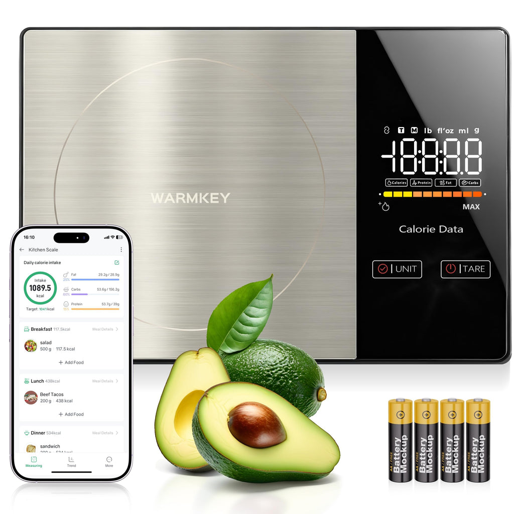 WARMKEY Smart Nutrition Food Scale with App - 1g Precision Digital Kitchen Scale, Tracks Calories & 24 Nutrients, Macros, Fat & Protein for Keto, Fitness & Meal Prep, 11lb/5kg with Tare Function