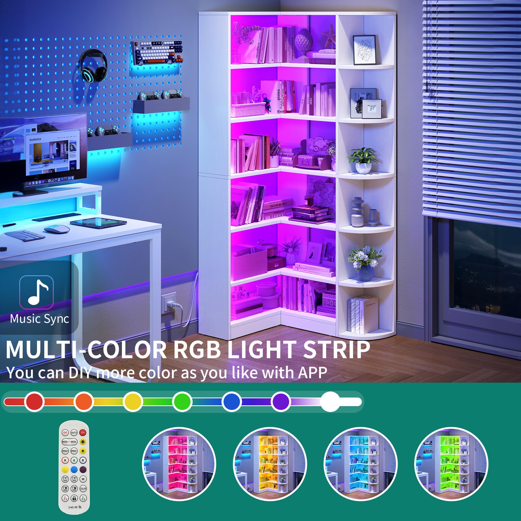 YITAHOME Corner Bookshelf with LED Light, 6 Tier Corner Shelf White Bookshelf L-Shaped Bookcase Storage Display Shelf for Home Office, Living Room, White