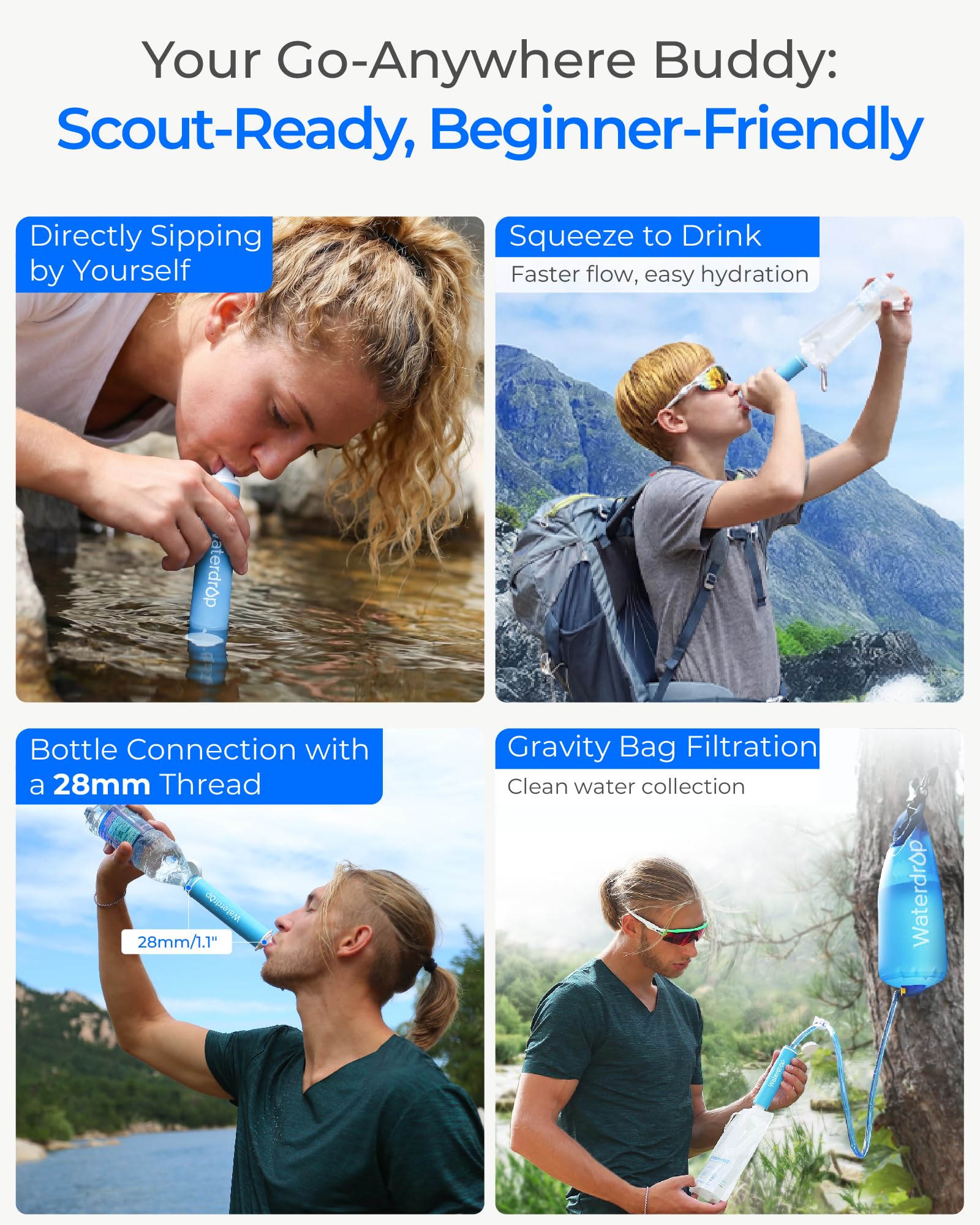 Waterdrop Gravity Water Filter Straw, Camping Water Filtration System, Water Purifier Survival for Travel, Backpacking and Emergency Preparedness, 1.5 gal Bag, 5 Stage Filtration, Pack of 1