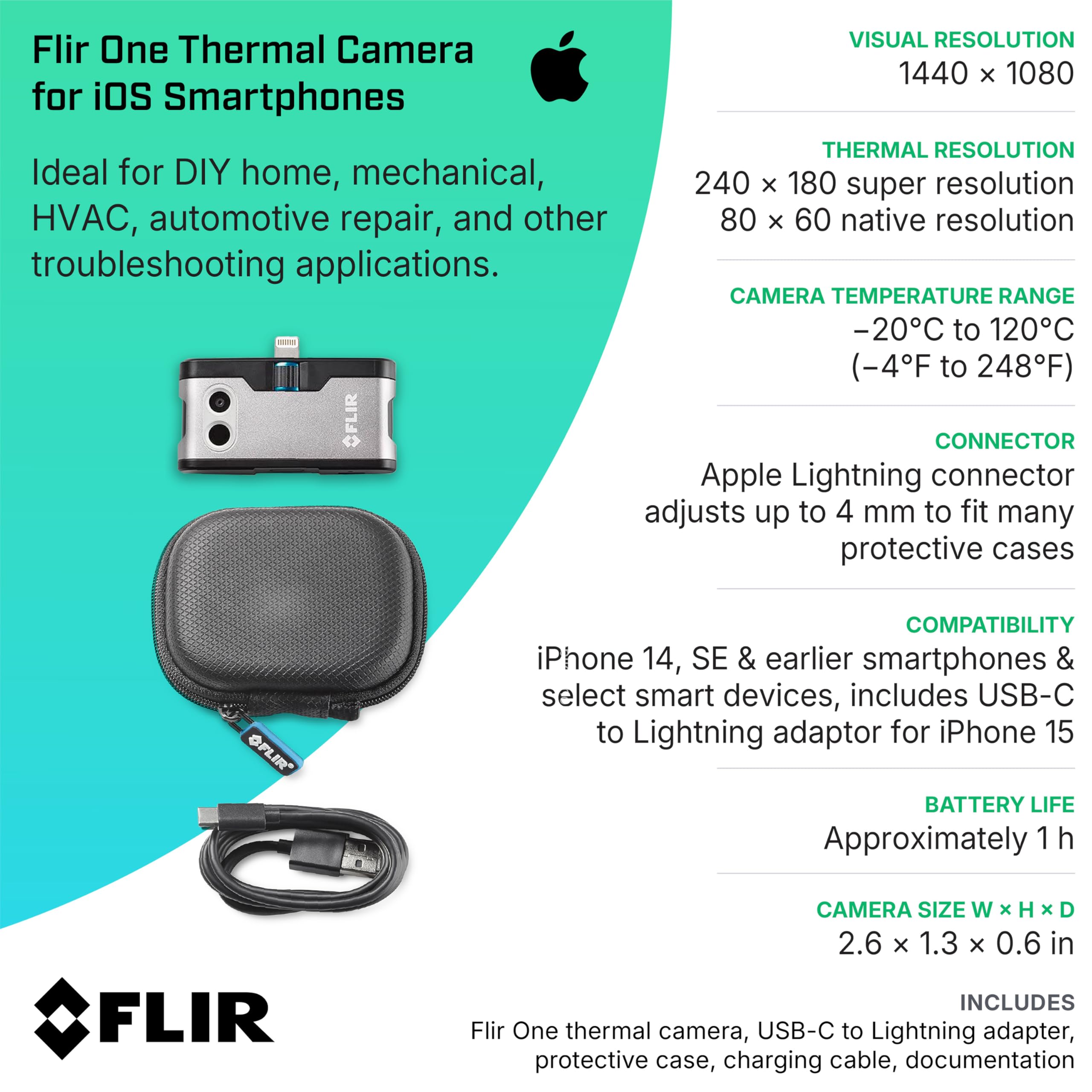 Flir One - Thermal Imaging Camera for iOS Smartphones (iPhone 14 and Older w/Lightning Port), 240x180 Super Resolution (80x60 Native IR)