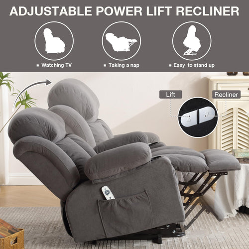 BOSMILLER Power Lift Recliner Chair for Elderly with Vibration Massage and Lumbar Heating Electric Oversized Single Sofa with Cup Holder and USB Charge Port for Living Room