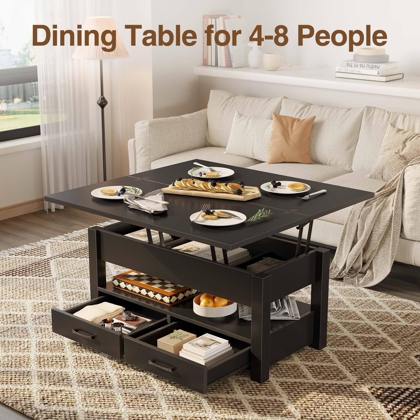Rolanstar Coffee Table Lift Top, Multi-Function Convertible Coffee Table with Drawers and Hidden Compartment, Converts to Dining Table for Living Room, Home Office,Black