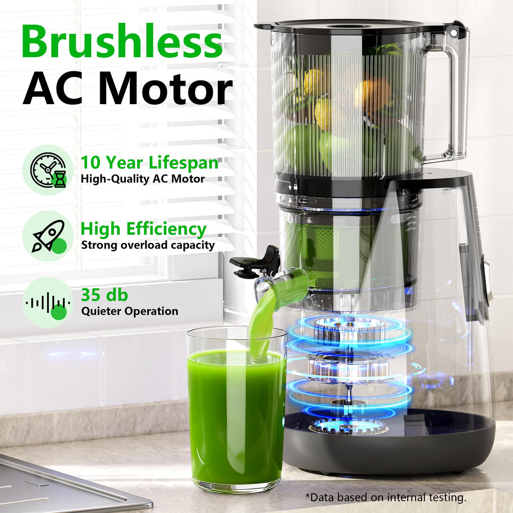 Cold Press Juicer, 6" Extra Large Feed Chute Slow Masticating Juicer Machines, Powerful AC Brushless Motor, Self Precut System, Juicer Machines with BPA-Free, Extra one Replace juicer strainer