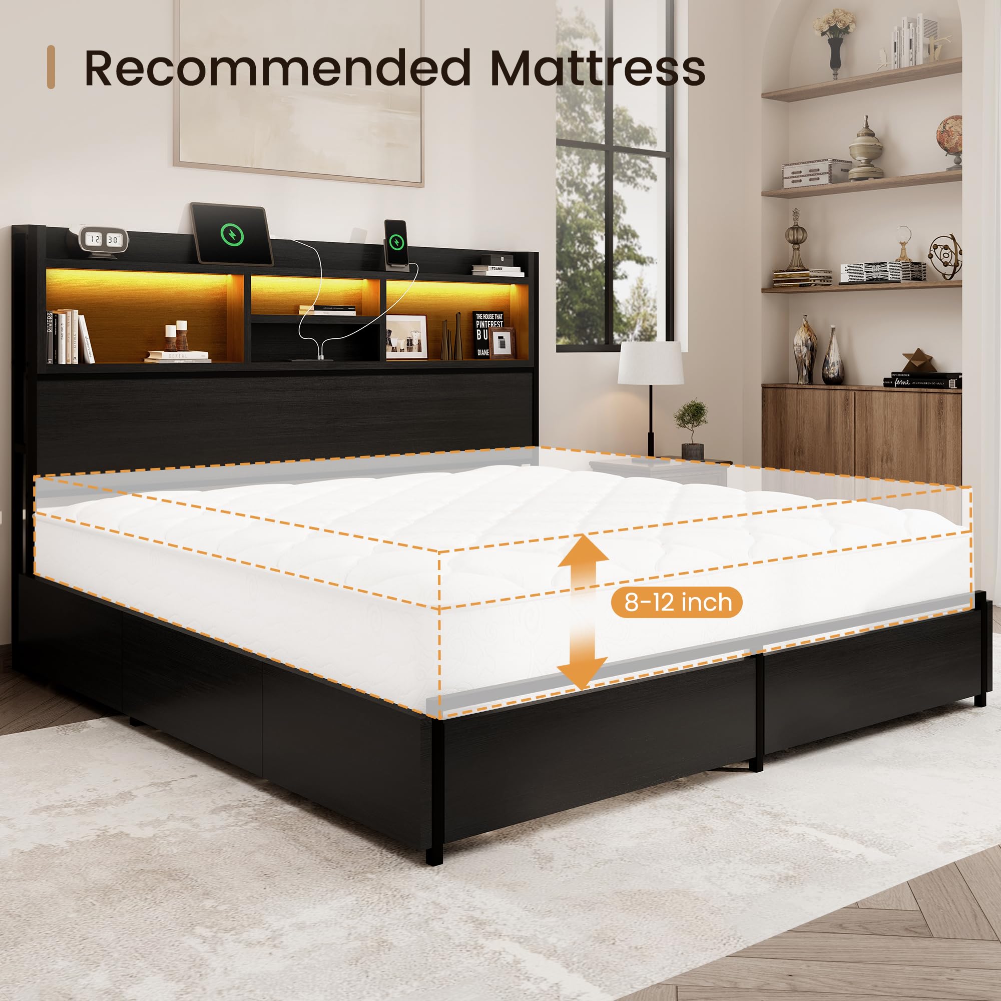 BRELTAM Queen Storage Bed Frame with 6 Drawers, USB Charging Station, No Noise, No Box Spring Required, Vintage Black Headboard Platform Bed