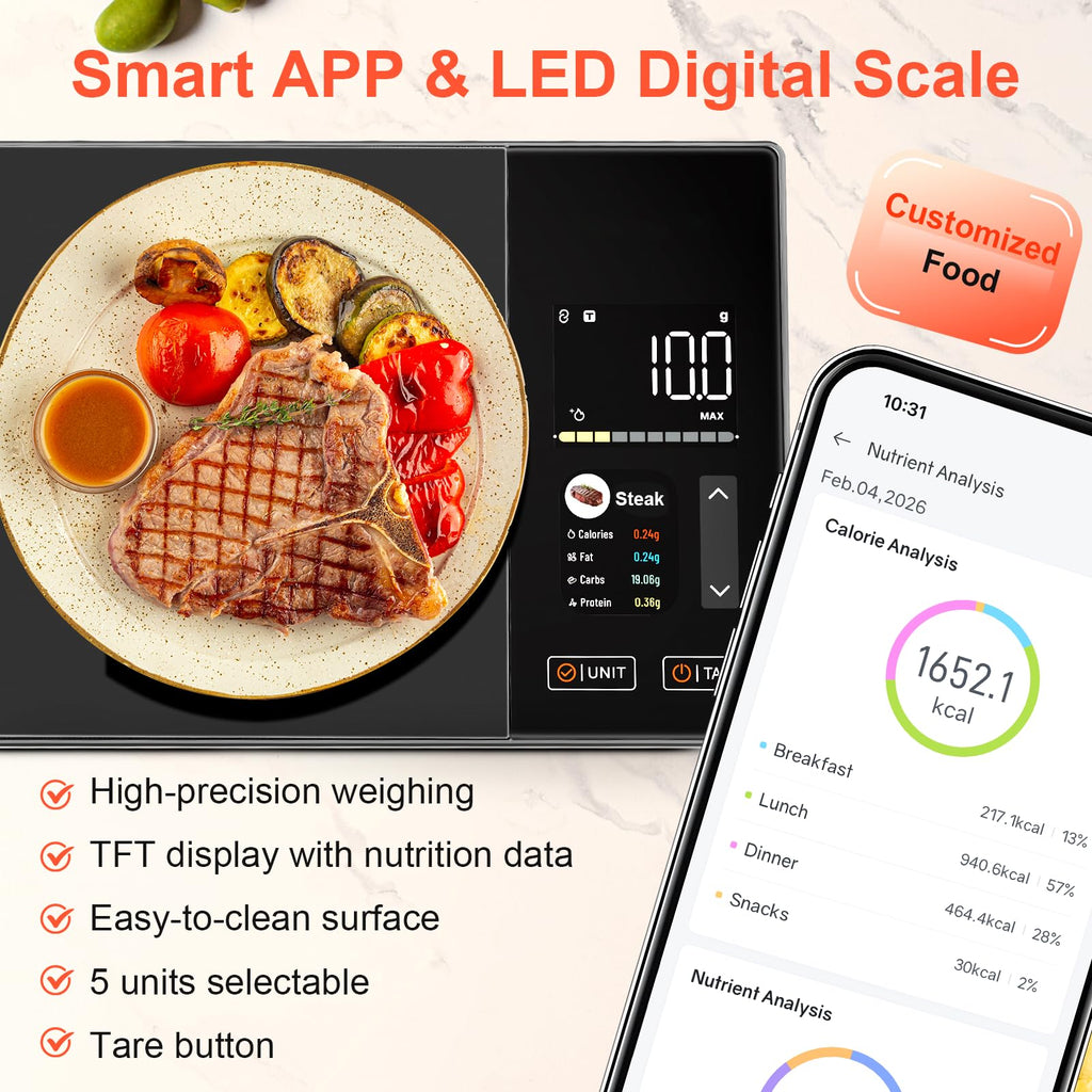 Smart Kitchen Food Scale with Nutritional Calculator, Calorie Fat Carbs Protein Tracker, Free App, Barcode Scan, Food Preload, 23 Nutrients, On-Screen Display, Personal Goals, 11 lb / 5 kg