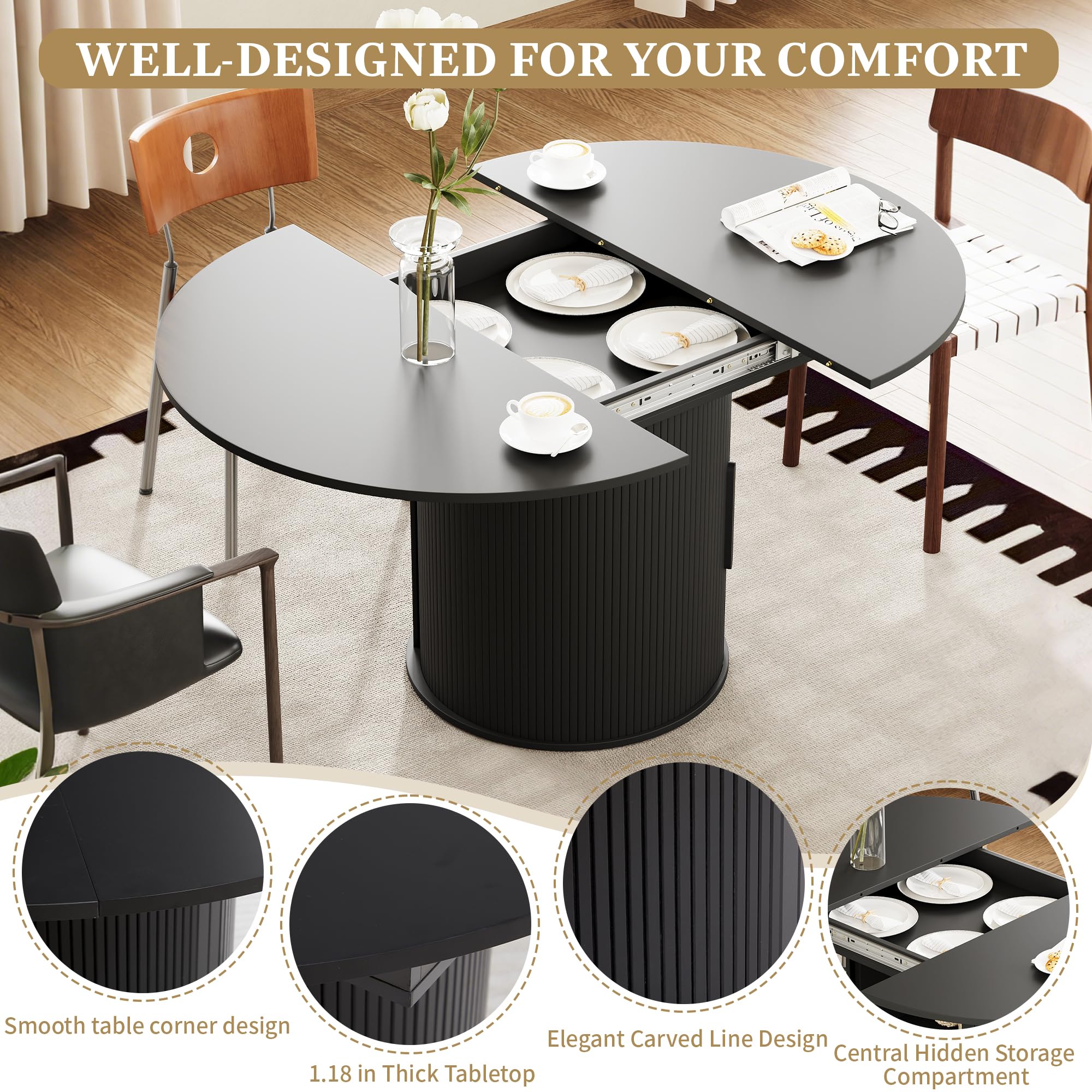 weselon 43"-59" Extendable Round to Oval Dining Table with Hidden Storage, Modern Wooden Kitchen Table with Fluted Sliding Door Cabinet, Expandable Dinner Table for Dining Room Living Room (Black)