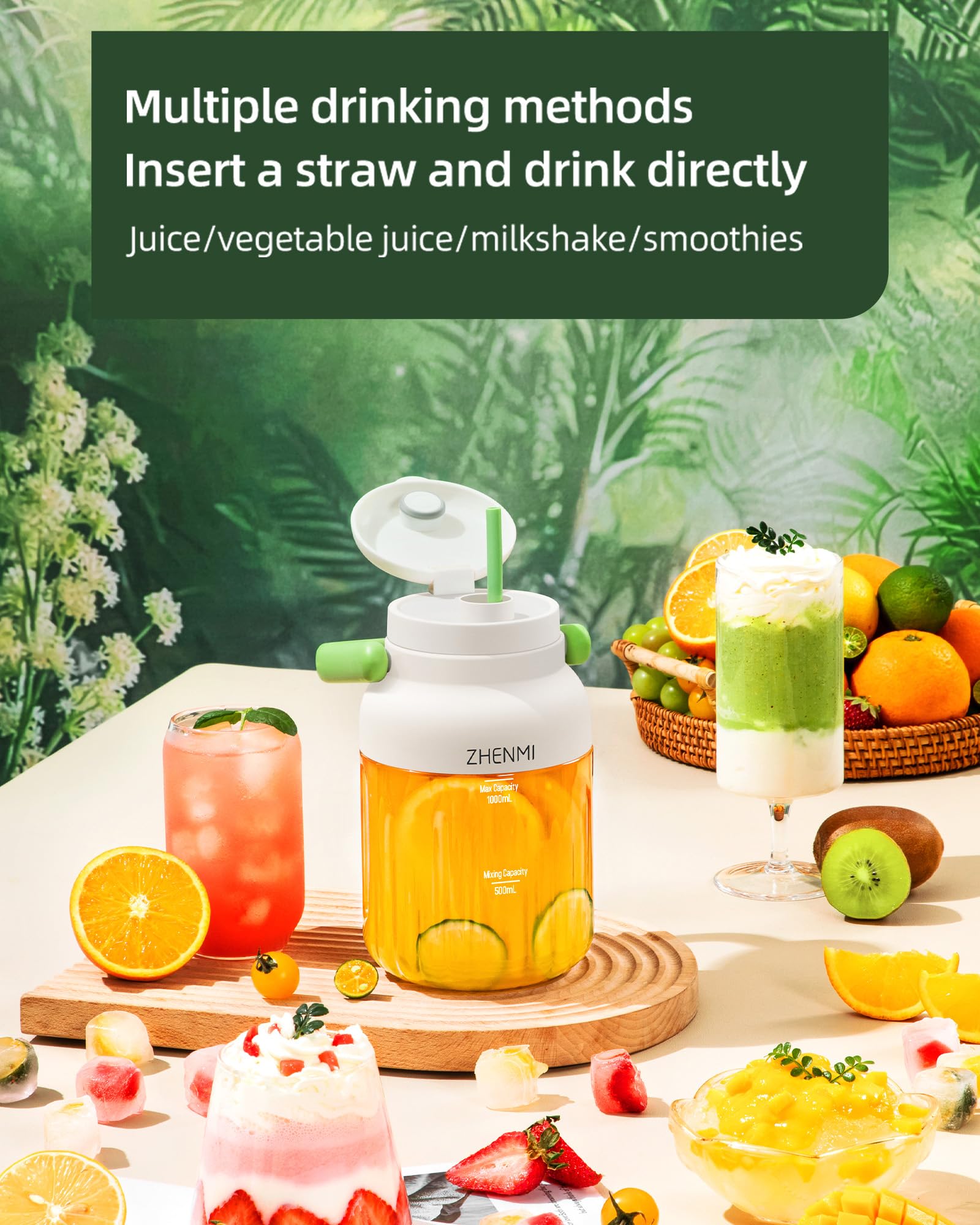 ZHENMI Portable Blender, Personal Blender for Smoothies & Shakes, Cordless, 33oz BPA-Free Vessel, 18000RPM Motor, Leakproof Lid with Sip Spout, USB-C Rechargeable, Easy-to-Clean Parts (Green)