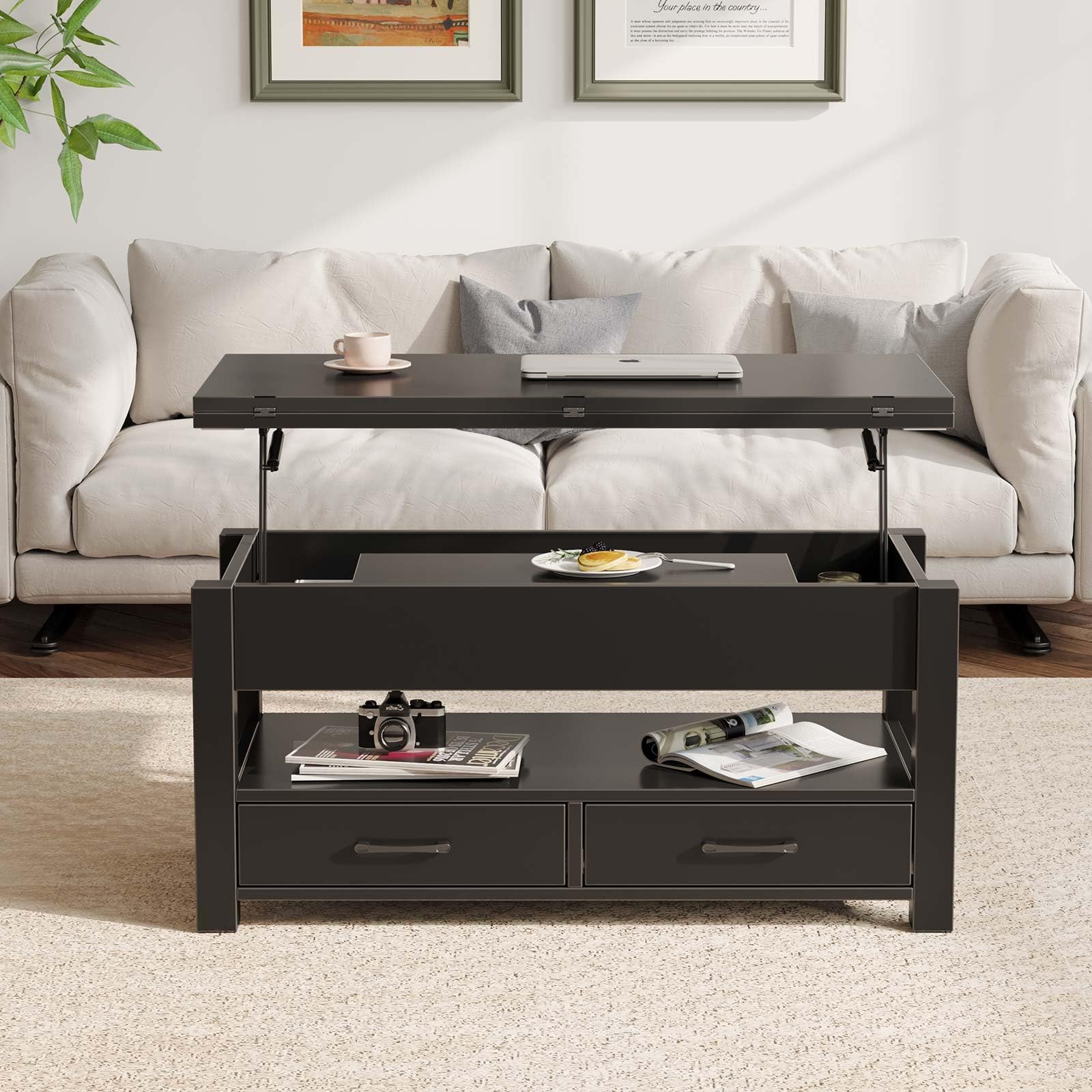 Rolanstar Coffee Table Lift Top, Multi-Function Convertible Coffee Table with Drawers and Hidden Compartment, Converts to Dining Table for Living Room, Home Office,Black