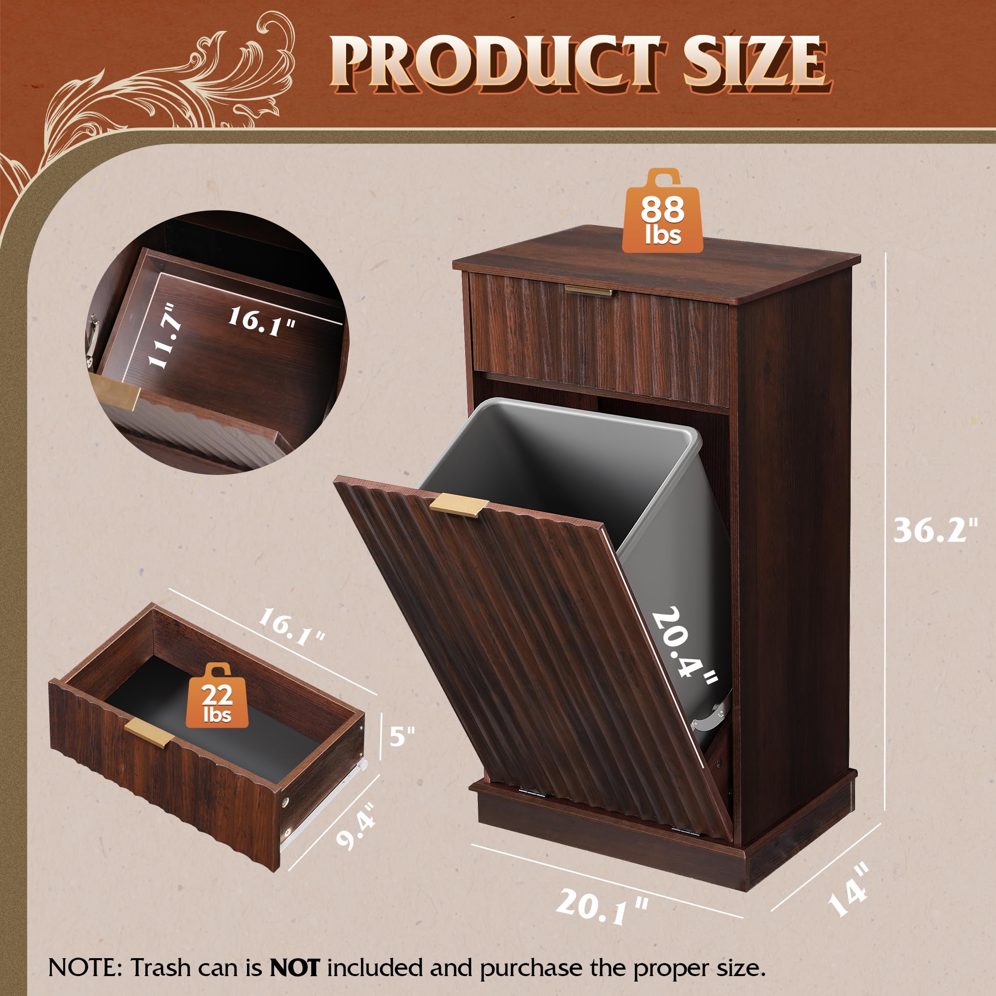 WLIVE 10 Gallon Trash Can Cabinet, Tilt Out Garbage Can Cabinet with Storage Drawers,Food/Clothes Storage Pet Proof Wooden Trash bin, Hidden Laundry Hamper for Kitchen, Home, Laundry, Brown