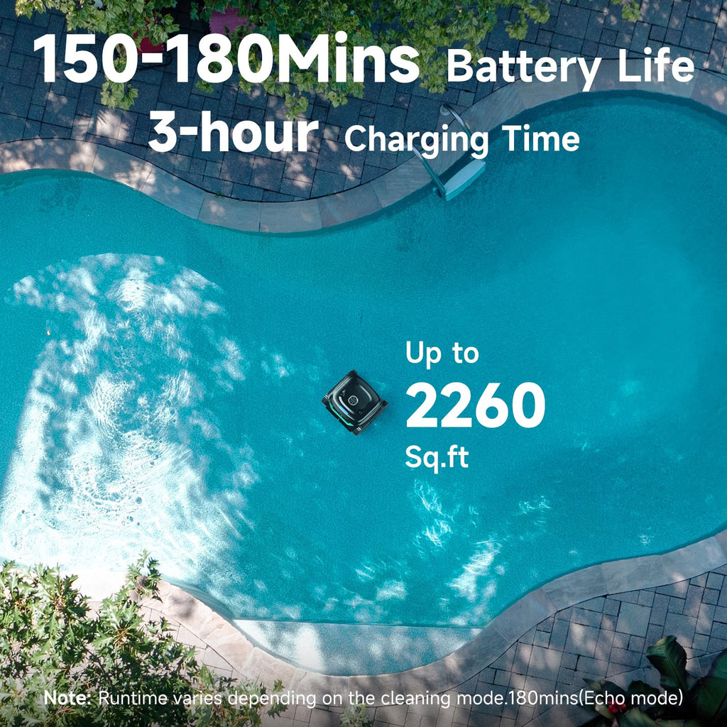 Robotic Pool Vacuum, WYBOT C2 Cordless Pool Cleaner with Dual Filtration, Wall & Waterline Cleaning, Lasts 150-180Mins, App Scheduling, for Inground Pools up to 2260 Sq.ft, Jet Black with Green Handle