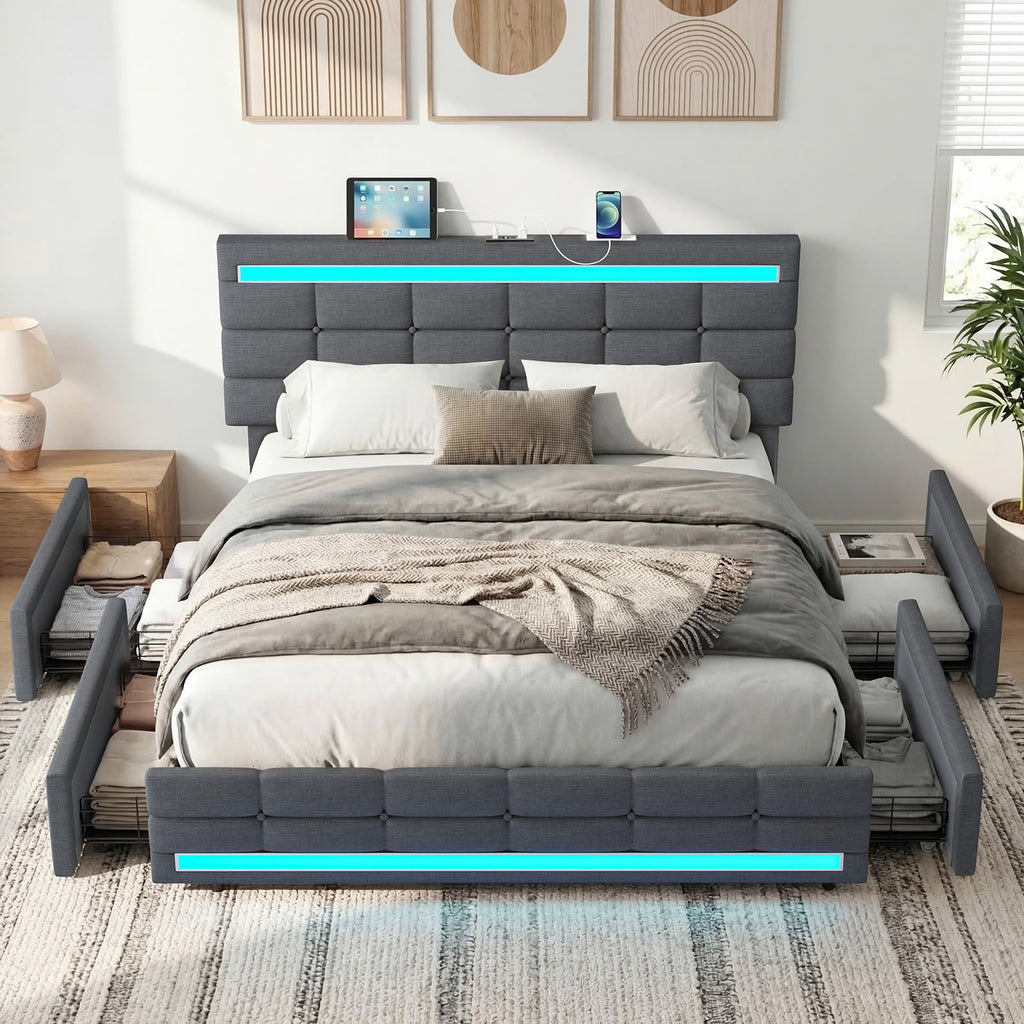 ADORNEVE Queen Bed Frame with 4 Storage Drawers, Upholstered Headboard with Charging Station & LED Lights, Metal and Wood Platform Bed, No Box Spring Needed, Easy Assembly, Dark Grey