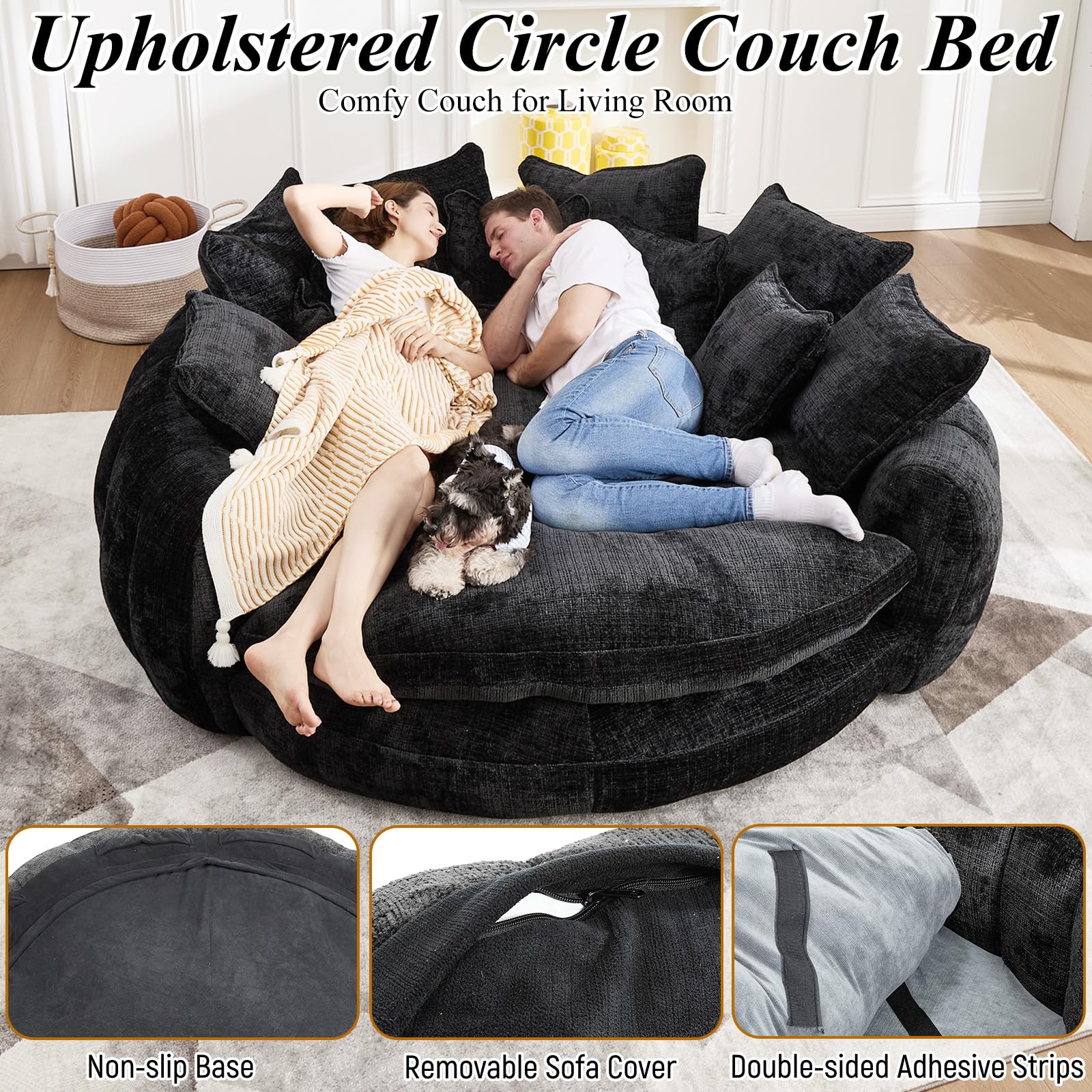 81'' Cloud Couches for Living Room, Comfy Circle Round Couch Bed with 14 Pillows, Upholstered Boneless Couch, Oversized Chaise Lounge Chair Indoor, Extra Wide Round Daybed, Floor Sofa (Black)