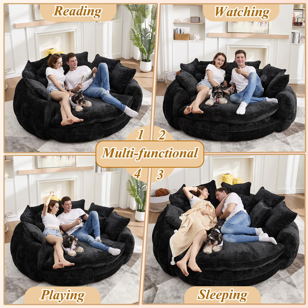 81'' Cloud Couches for Living Room, Comfy Circle Round Couch Bed with 14 Pillows, Upholstered Boneless Couch, Oversized Chaise Lounge Chair Indoor, Extra Wide Round Daybed, Floor Sofa (Black)