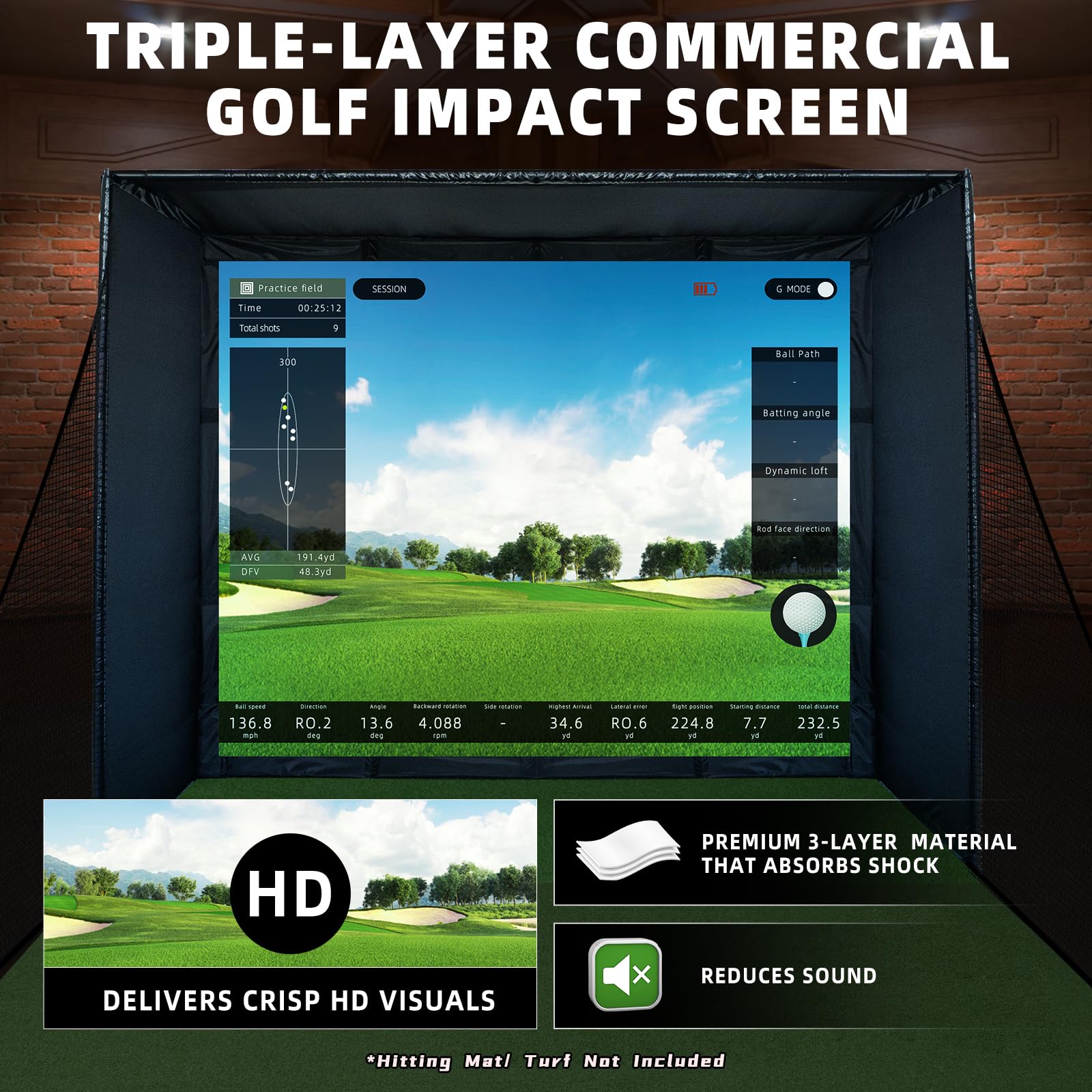 Golf Simulator Enclosure Kit with Premium HD Impact Screen, Full Safety Padding & Blackout Curtain, Home Golf Sim Setup Compatible with Launch Monitors, Indoor Cage Net Golfing Accessories (10 x 8 ft)