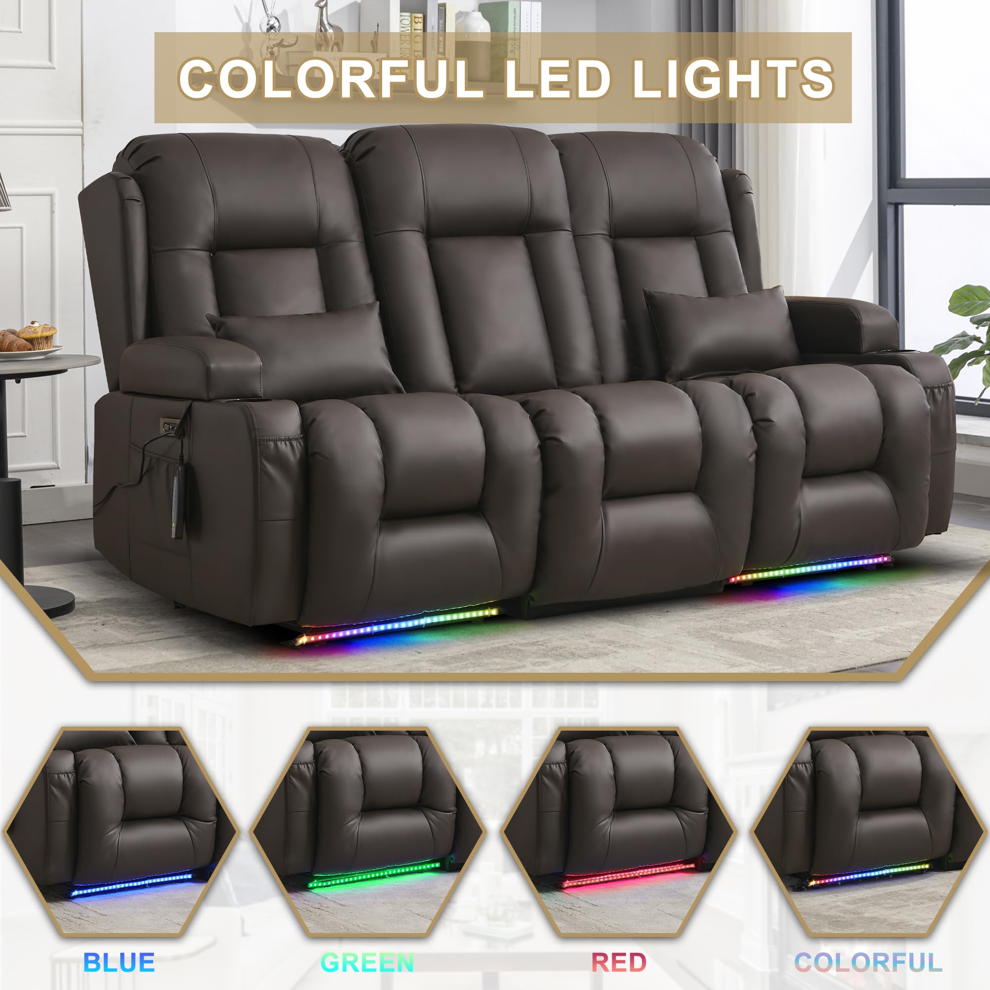 URRED Power Loveseat Recliner Sofa with Massage and Heat, Wall Hugger Reclining Loveseat with Console, RV Couch Home Theater Seating with LED Lights for Living Room (Dark Brown, 76.8" - 3 Seats)