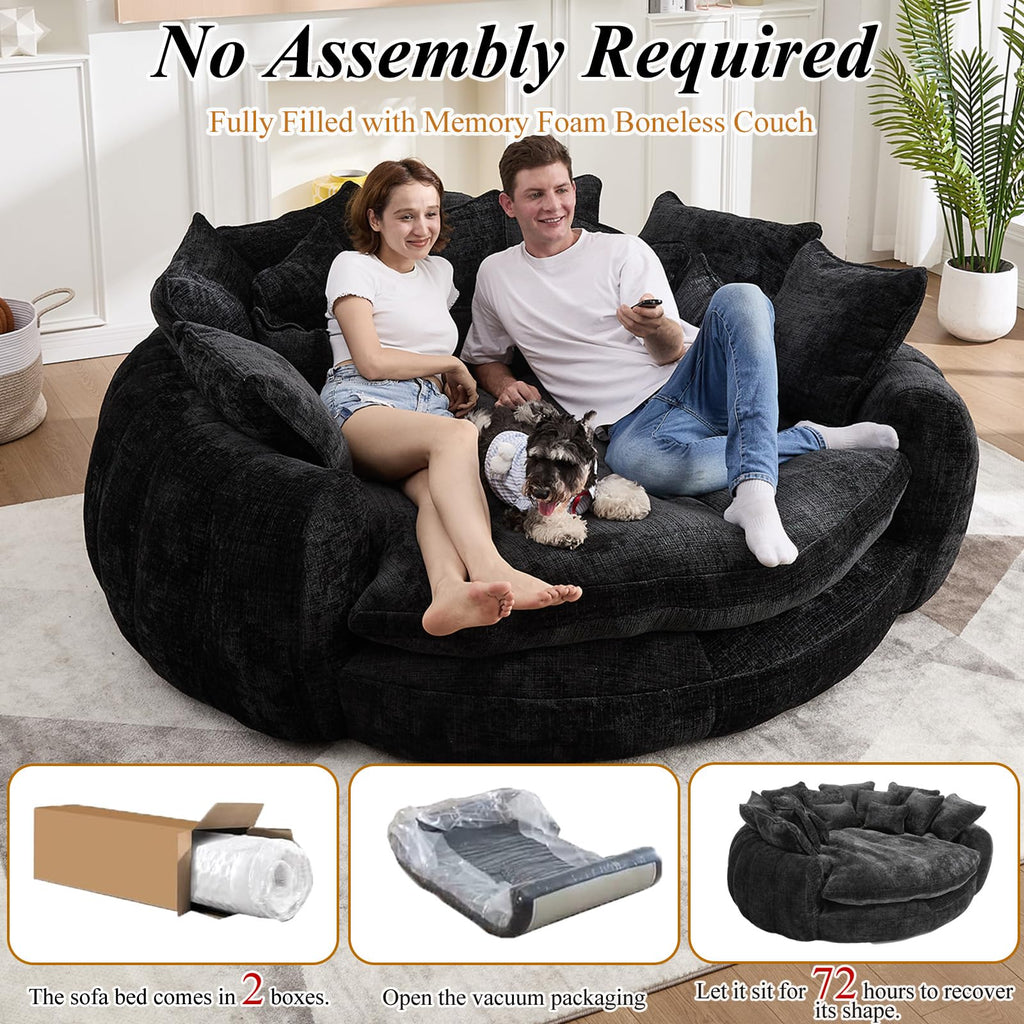 81'' Cloud Couches for Living Room, Comfy Circle Round Couch Bed with 14 Pillows, Upholstered Boneless Couch, Oversized Chaise Lounge Chair Indoor, Extra Wide Round Daybed, Floor Sofa (Black)