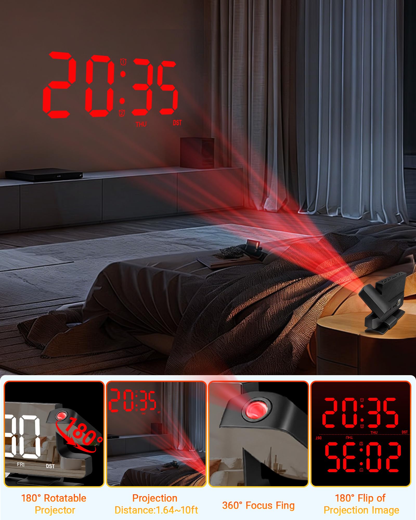Projection Alarm Clock for Bedroom Ceiling, Digital Mirror Alarm Clock with 180° Rotatable Projector, 7.3" Large LED Display, Dual Alarm, USB & Type-C Charger, Loud Alarm for Heavy Sleepers Black
