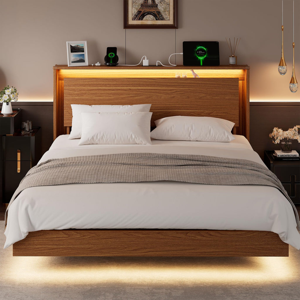 Einhomn Bed Frame Queen Size with LED Lights & Charging Station – Kids Wood Floating Queen Bed Frame with Storage Headboard, Adhesive Slats, Kick-Free & Noise-Free Design, Easy Assembly, Walnut