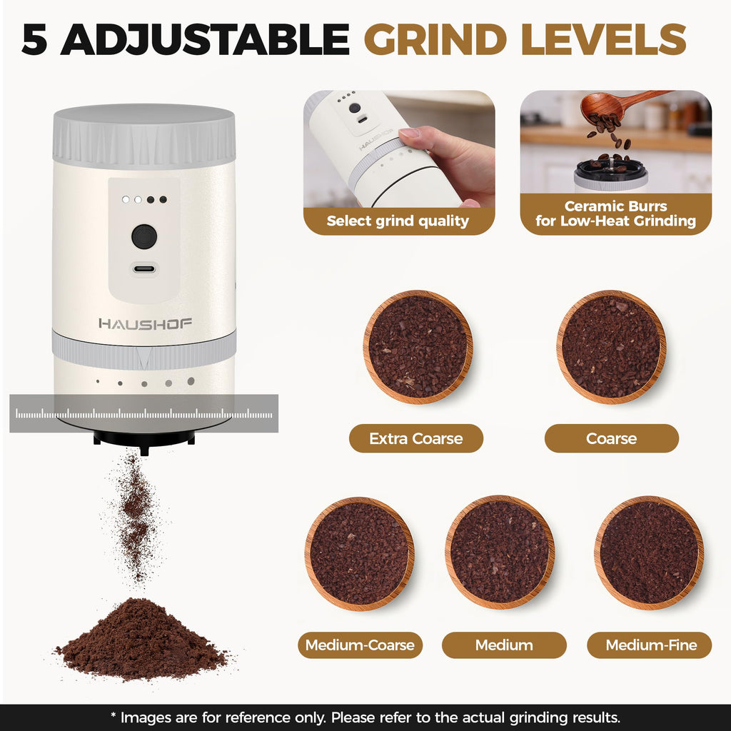 HAUSHOF Portable Coffee Grinder, Camping Coffee Makers, Portable Burr Coffee Grinder and Brewing Kit, Rechargeable, Personal Cordless Coffee Maker for Car, Camping, for Home Use