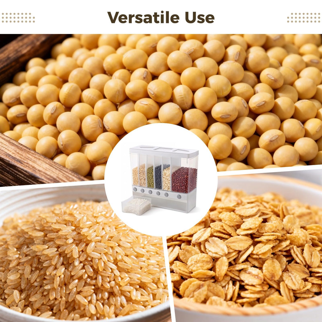 Skdqiee Wall Mounted 6-Grid Rice Dispenser, 22 lbs Large Capacity Dry Food Cereal Storage, Press Button Quantitative Output with Transparent Drawer for Kitchen Pantry Organization