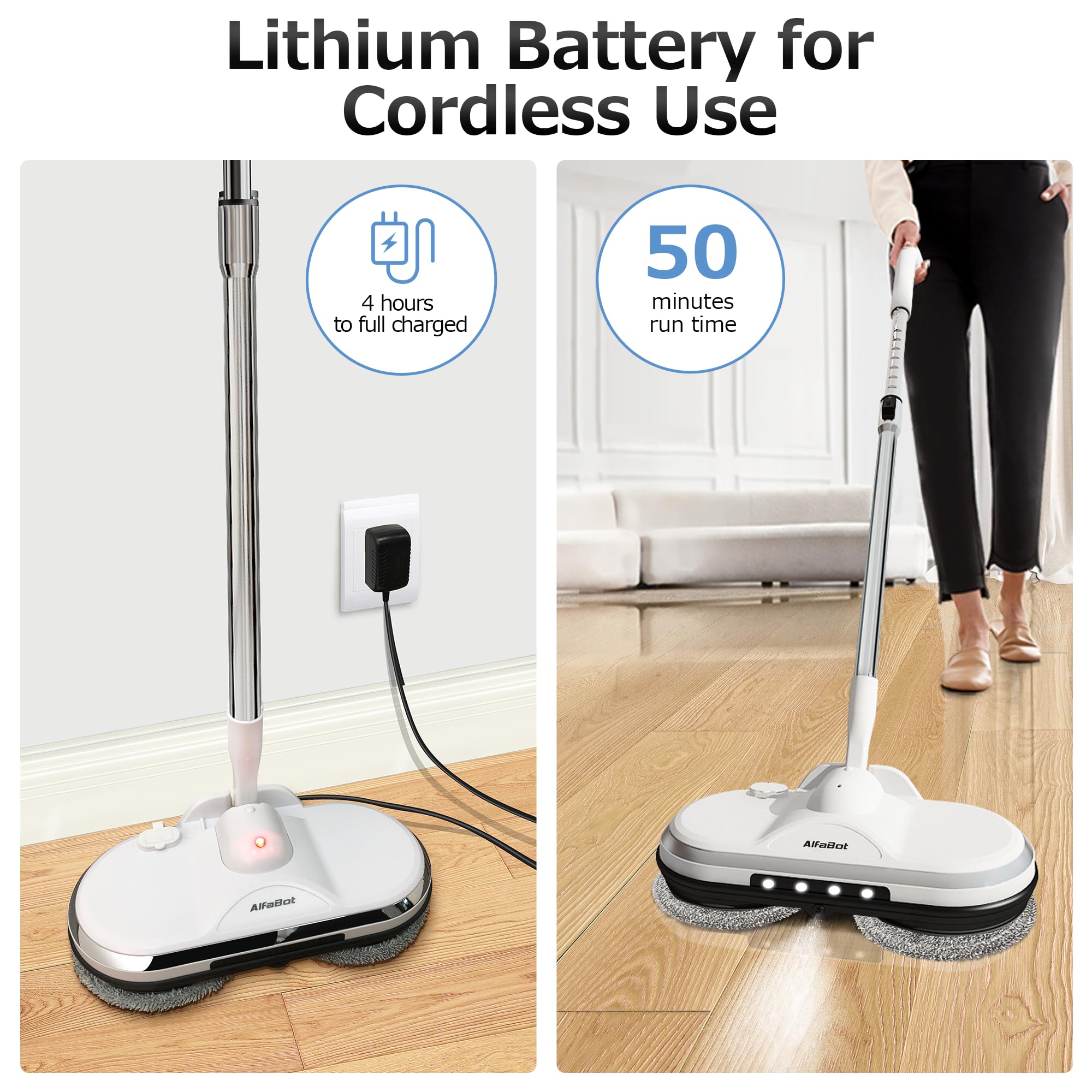 Cordless Electric Mop, WS24 Cordless Spin Mop for Floor Cleaning, Lightweight & Rechargeable Floor Cleaner with Water Sprayer and LED Headlight for Hardwood and Tile Floors, White