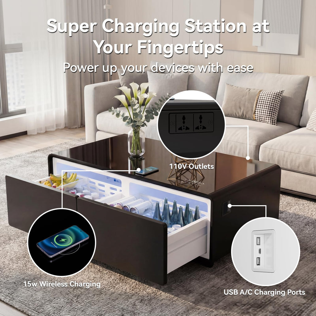 LIVTAB Smart Coffee Table, 27.8" D x 51" W x 18.1" H, Living Room Table with Built in Fridge and Speakers, Smart Table with 15W Wireless Charging, USB Chargers and 110V Outlets (Black)
