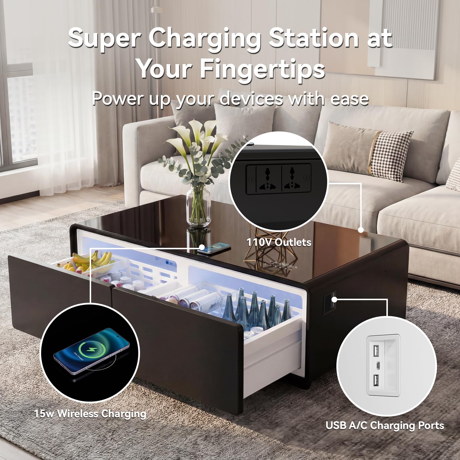 LIVTAB Smart Coffee Table, 27.8" D x 51" W x 18.1" H, Living Room Table with Built in Fridge and Speakers, Smart Table with 15W Wireless Charging, USB Chargers and 110V Outlets (Black)