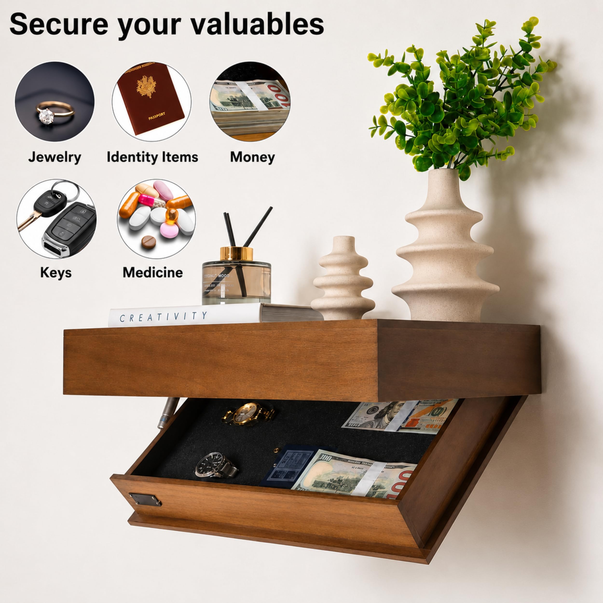 Concealment Shelf with RFID Lock - Concealed Gun Floating Shelf with Hidden Storage Compartment, Wooden Shelves for Wall Mount Display with Secret Drawer, Weapon Hiding Furniture Safe by AM Creations