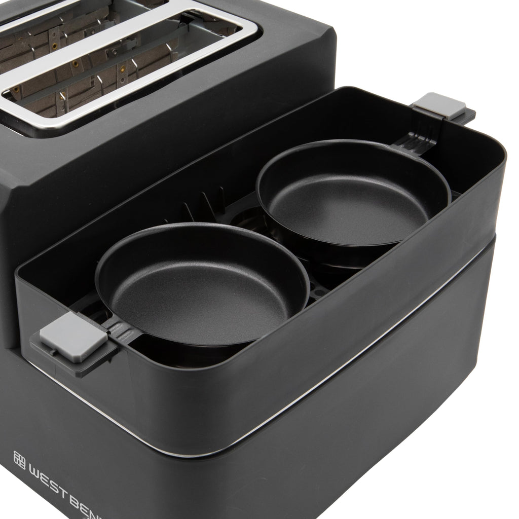 West Bend Breakfast Station 2-Slice Toaster and Egg Cooker/Poacher with Removable Pre-Cooked Meat and Vegetable Warming Tray for Perfect Breakfast Sandwiches, 1200-Watts, Black