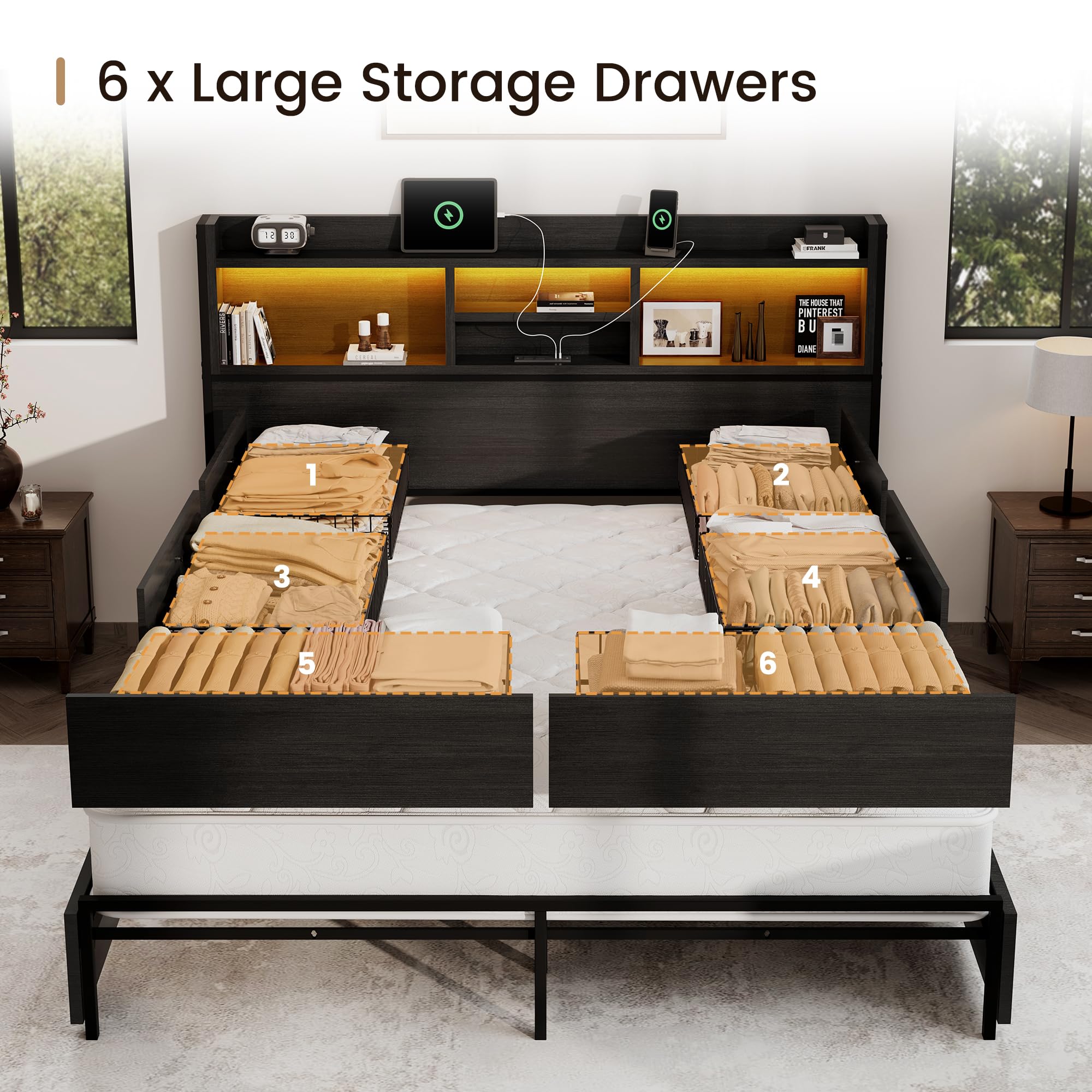 BRELTAM Queen Storage Bed Frame with 6 Drawers, USB Charging Station, No Noise, No Box Spring Required, Vintage Black Headboard Platform Bed