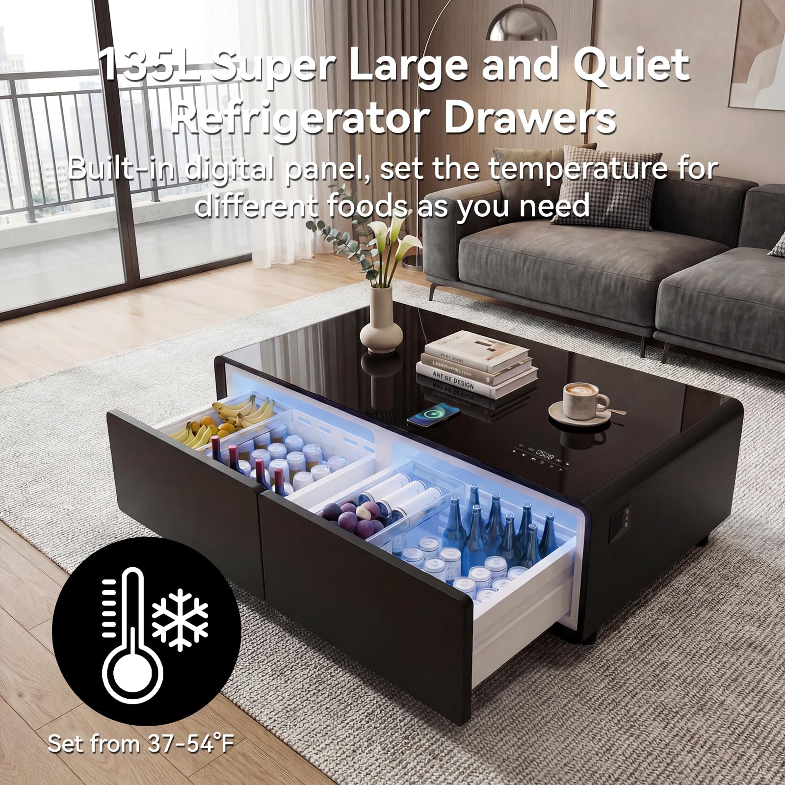 LIVTAB Smart Coffee Table, 27.8" D x 51" W x 18.1" H, Living Room Table with Built in Fridge and Speakers, Smart Table with 15W Wireless Charging, USB Chargers and 110V Outlets (Black)