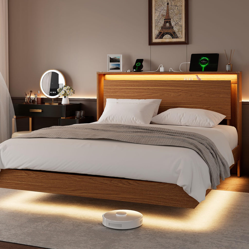 Einhomn Bed Frame Queen Size with LED Lights & Charging Station – Kids Wood Floating Queen Bed Frame with Storage Headboard, Adhesive Slats, Kick-Free & Noise-Free Design, Easy Assembly, Walnut