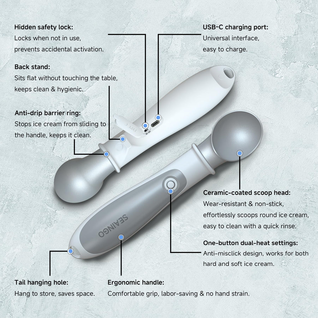 SEAINGO Heated Ice Cream Scoop - Rechargeable, ON/OFF Safety Lock Switch, Two Warming Modes, Ergonomic Handle, Electric Kitchen Tool Nonstick Scooper for Gelato, Frozen Yogurt, Sorbet & More