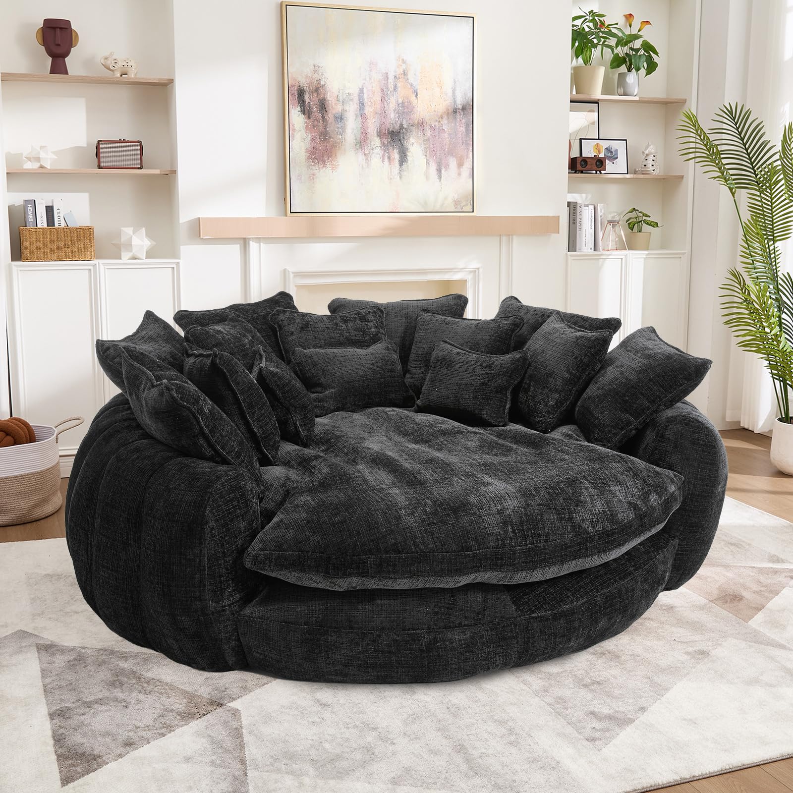 81'' Cloud Couches for Living Room, Comfy Circle Round Couch Bed with 14 Pillows, Upholstered Boneless Couch, Oversized Chaise Lounge Chair Indoor, Extra Wide Round Daybed, Floor Sofa (Black)
